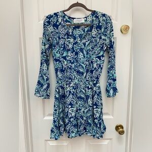 Walker & Wade Lightweight Blue Floral Long Sleeve Ruffle Dress, Elastic Waist-XS